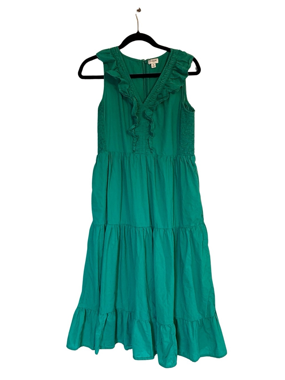 J. Crew Smocked Midi Dress Sleeveless Ruffled V-Neck Pockets Medium